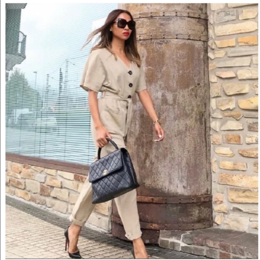 Zara Tan Linen Jumpsuit Size Large